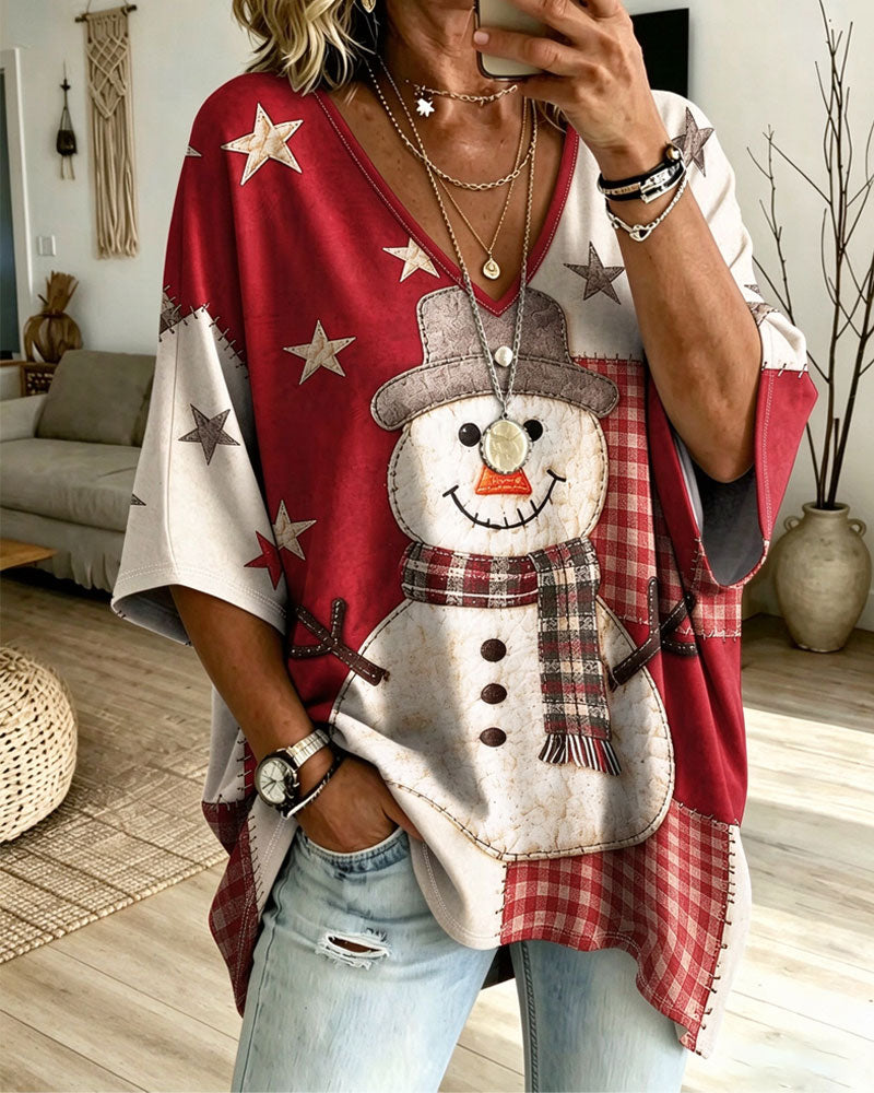 Christmas Snowman Print V-Neck Half Sleeve T-Shirt