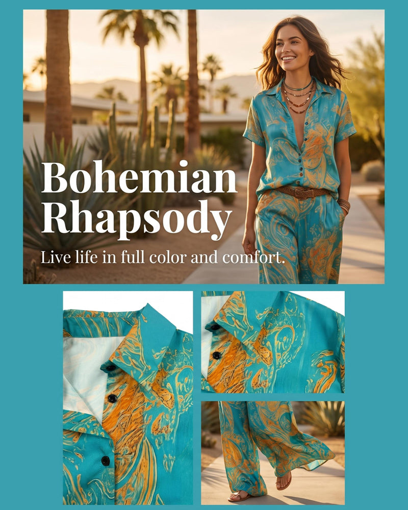 Holiday Short Sleeve Blouse Pocket Two-Piece Set