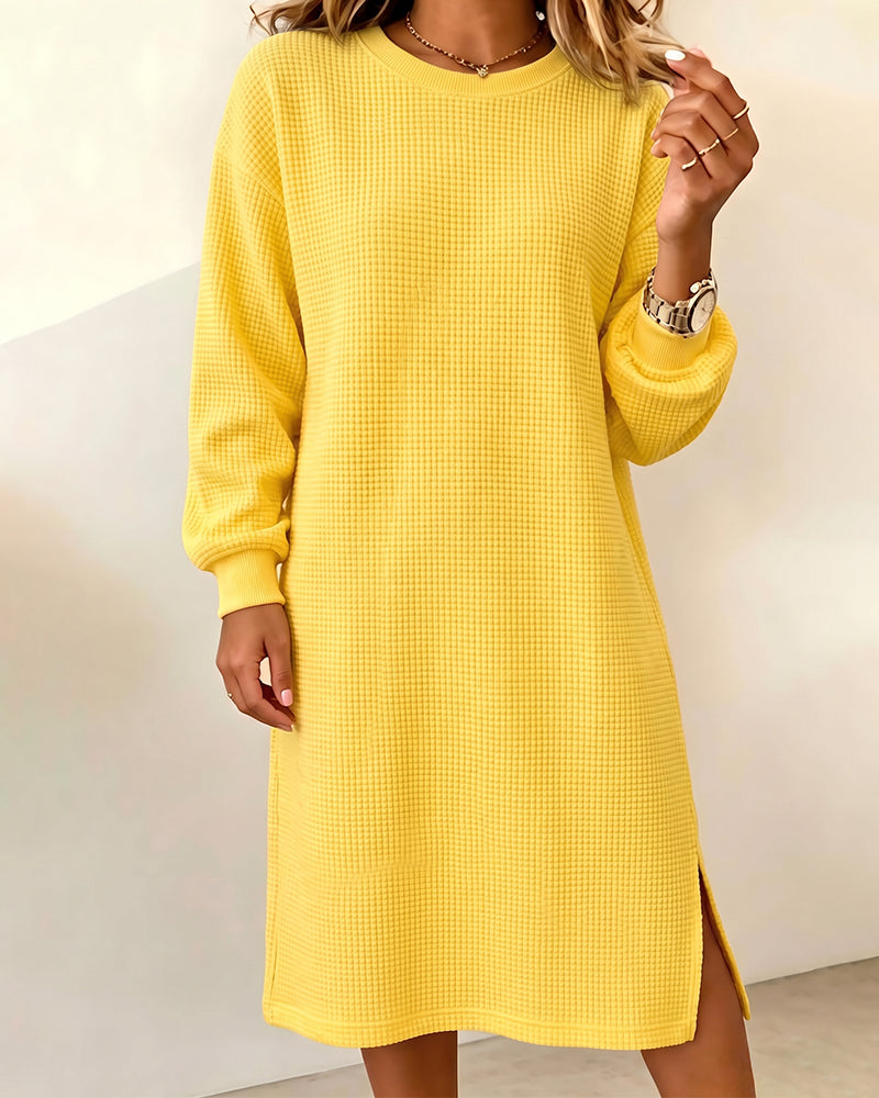 Crewneck Slit Long-Sleeve Dress