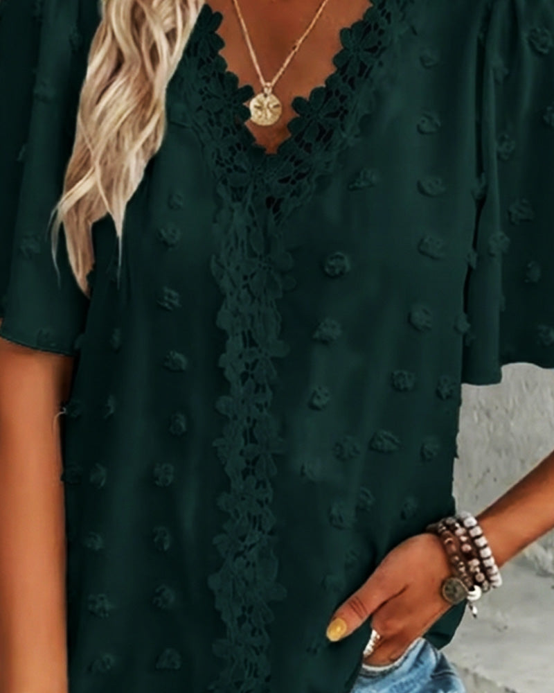 Spliced Jacquard Ruffle Sleeve Blouse