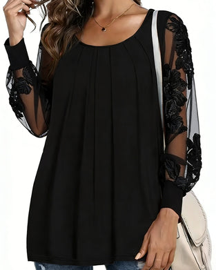 Long-Sleeved Patchwork Pleated Blouse