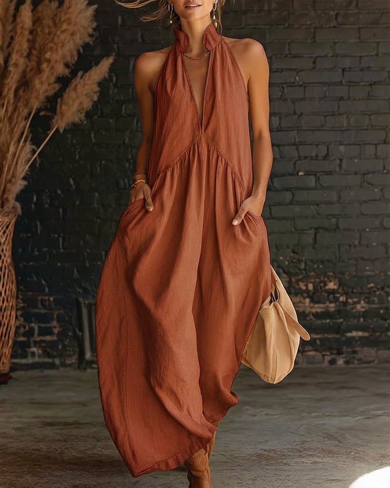 100% Cotton Sleeveless Stand-Collar Solid-Color Maxi Dress