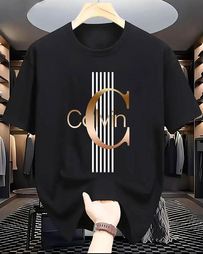 Letter Vertical Stripe Print Short Sleeve T-Shirt