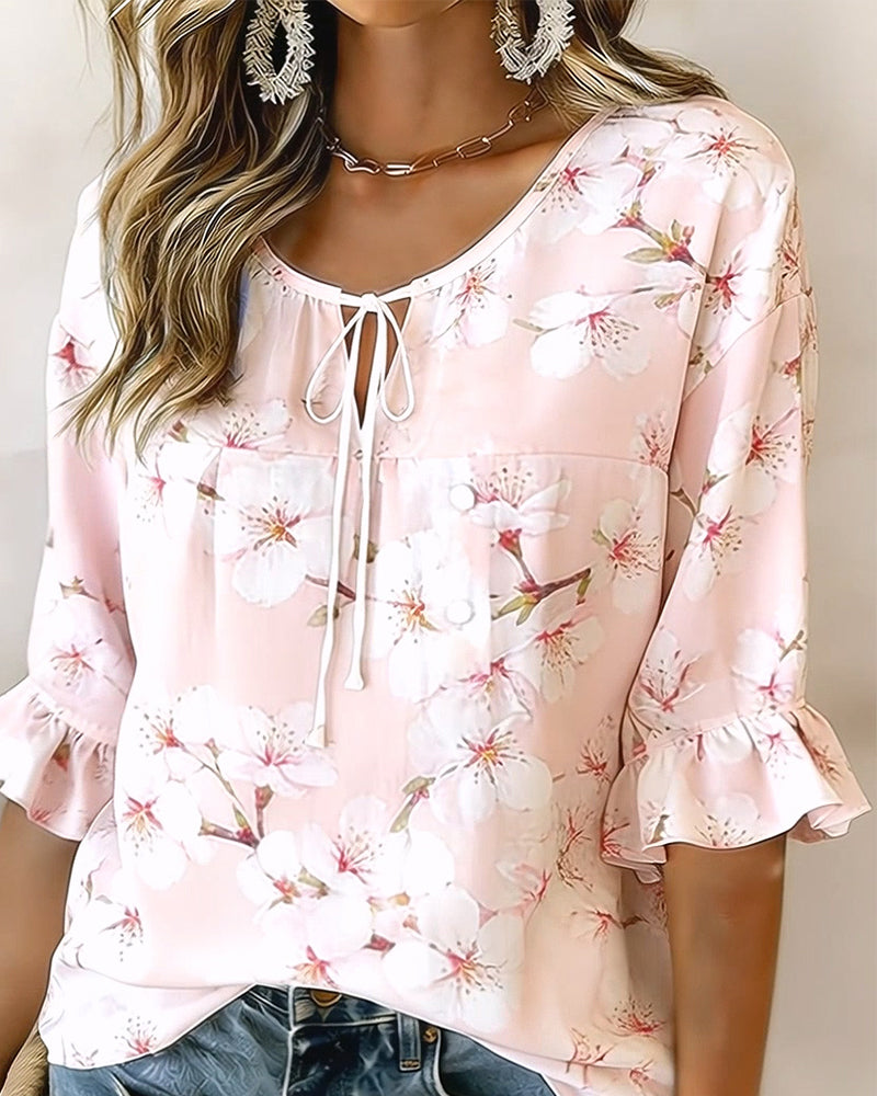 Cherry Blossom Print Tie Blouse