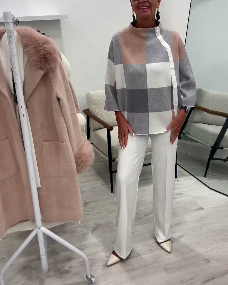 Plaid Long-Sleeved Turtleneck Pullover