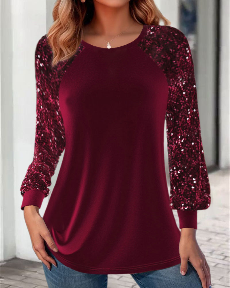 Casual solid color round neck sequined lantern sleeve top