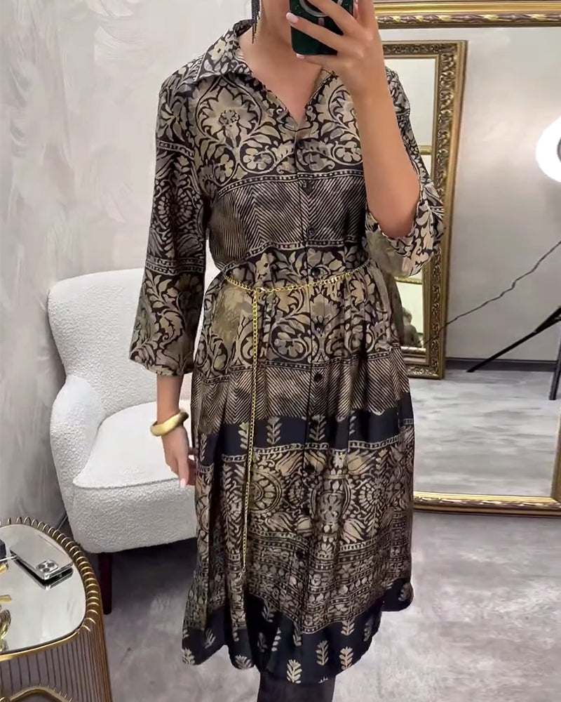 Casual Print Button-Down Pocket Dress