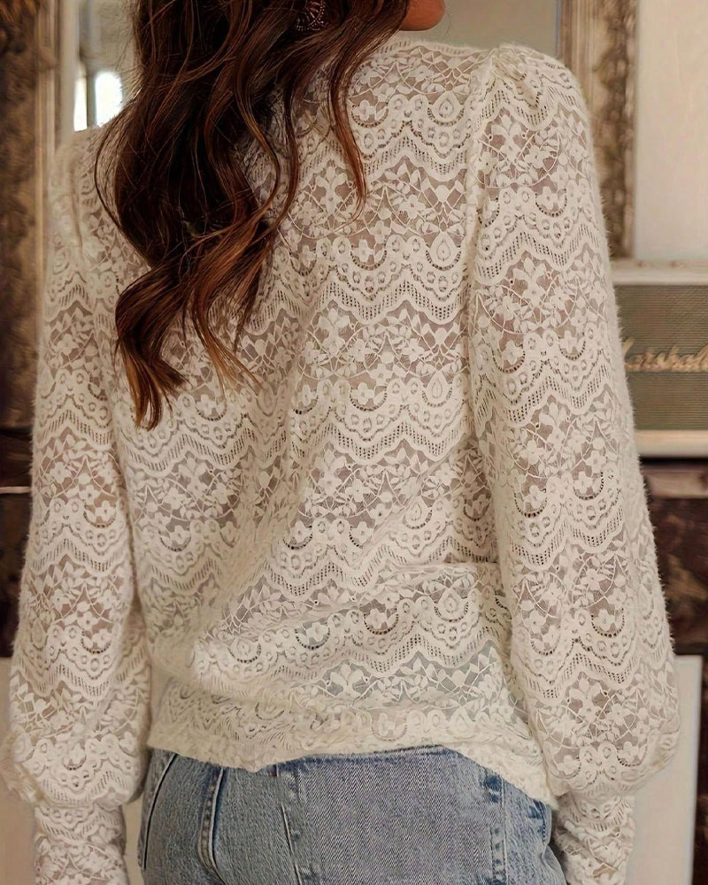 Long-Sleeve Solid Color V-Neck Lace Blouse