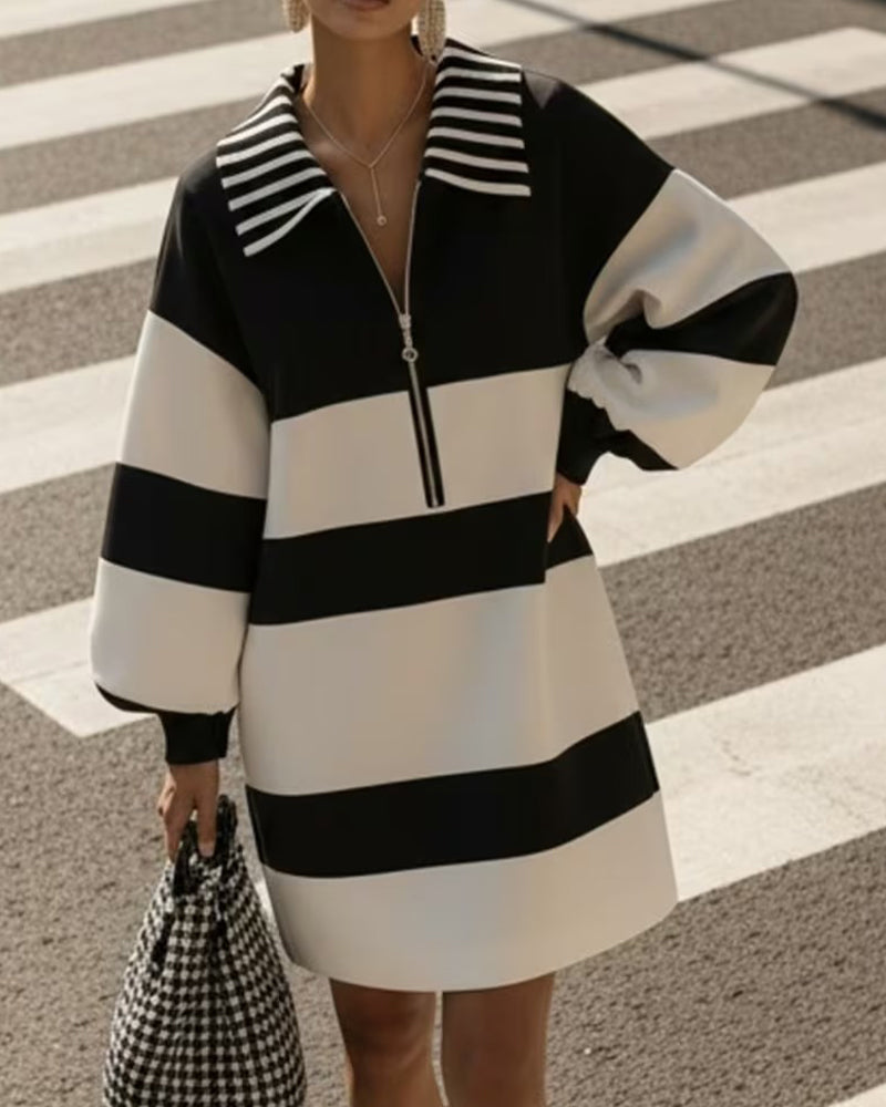 Lantern Sleeve Striped Lapel Zip Dress