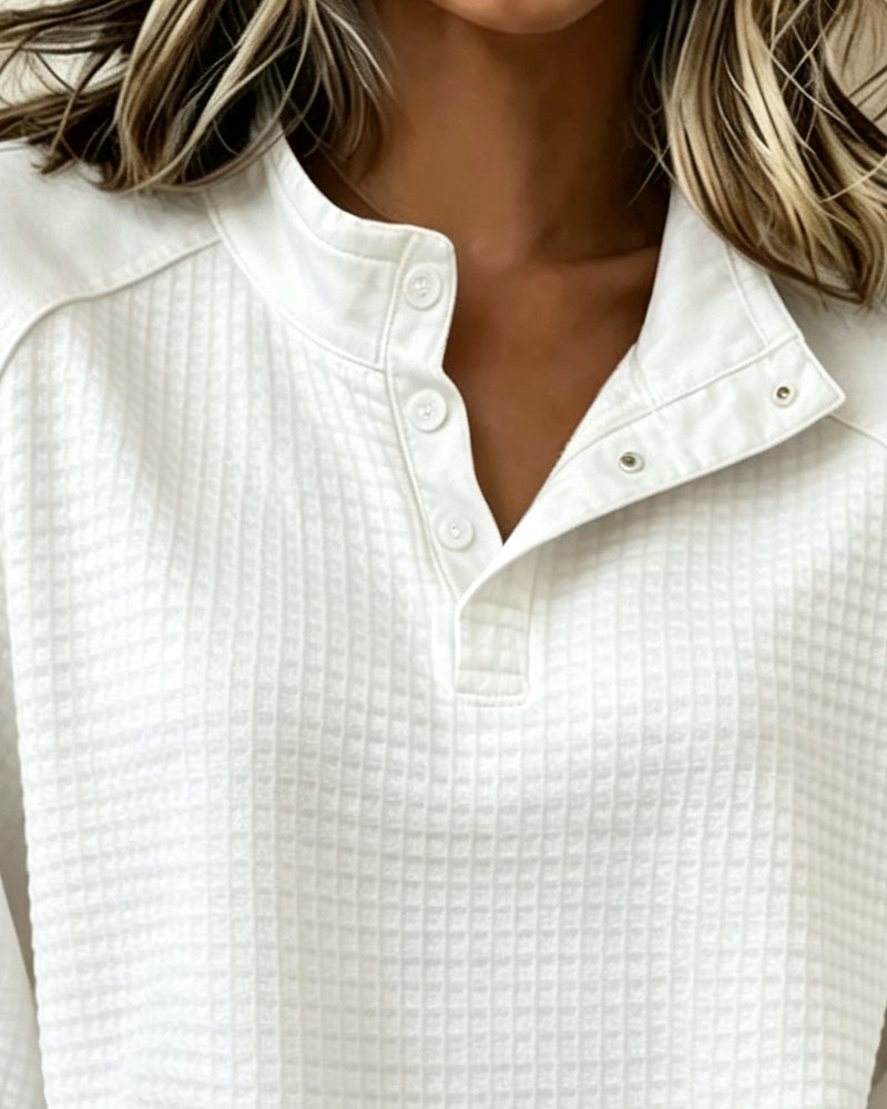 Waffle Knit Henley Half-Button Sweatshirt