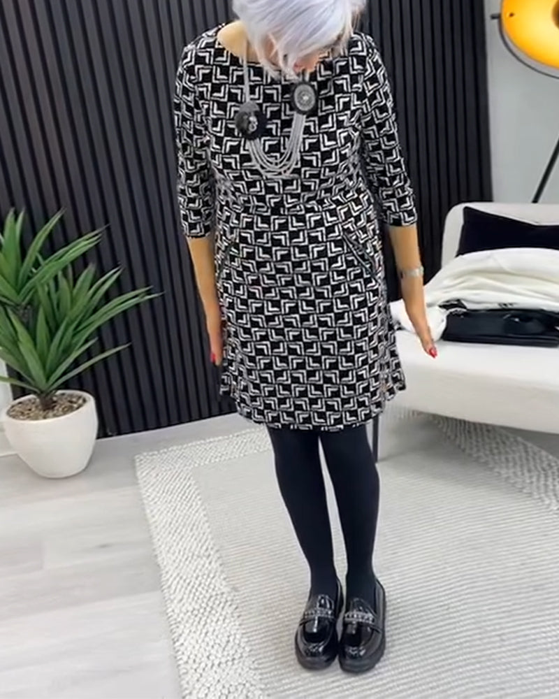 Retro geometric print round neck pocket dress