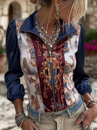 Puff Sleeve Patchwork Printed Zip Top