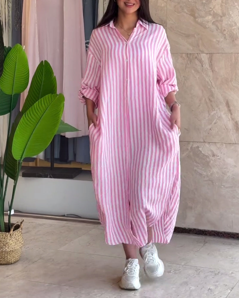 Loose Lapel Striped Dress