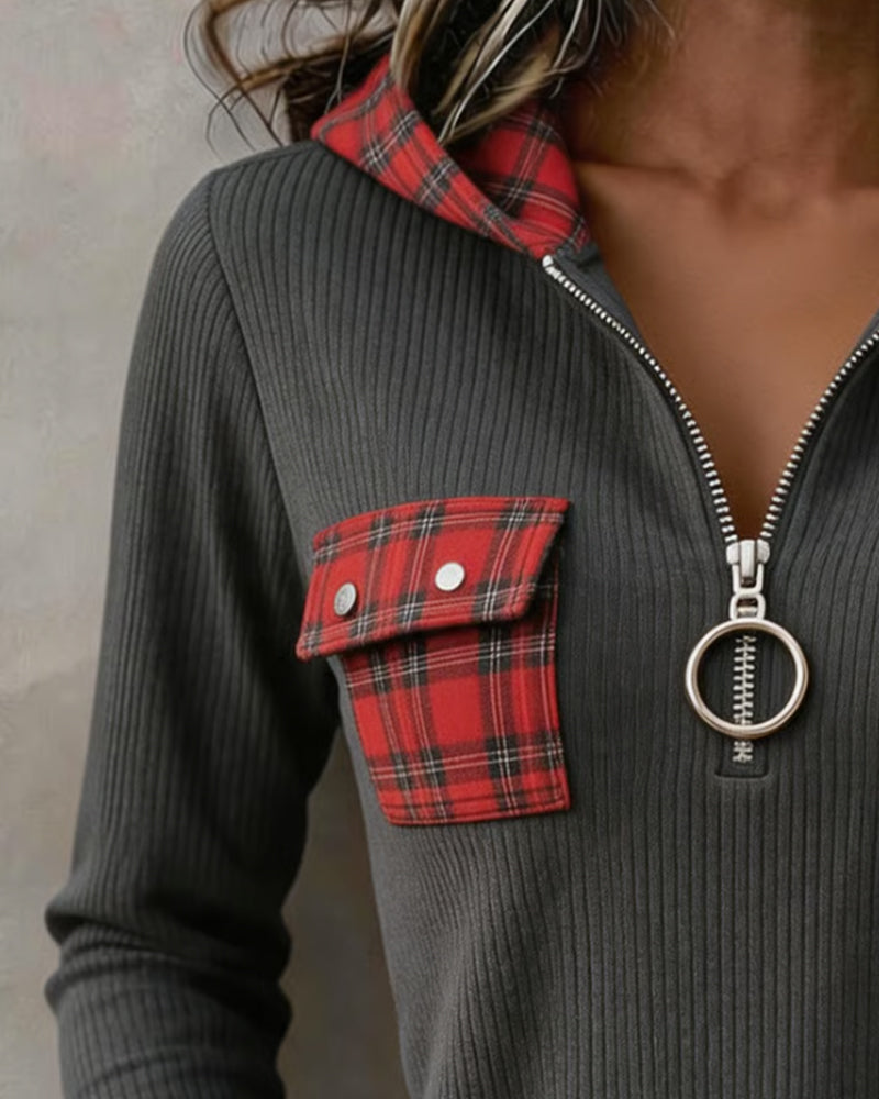 Plaid Patchwork Half Zip Sweatshirt