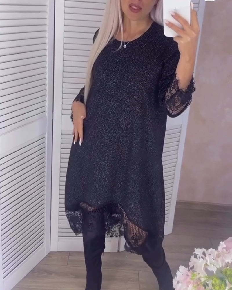 Solid color lace stitching elegant dress