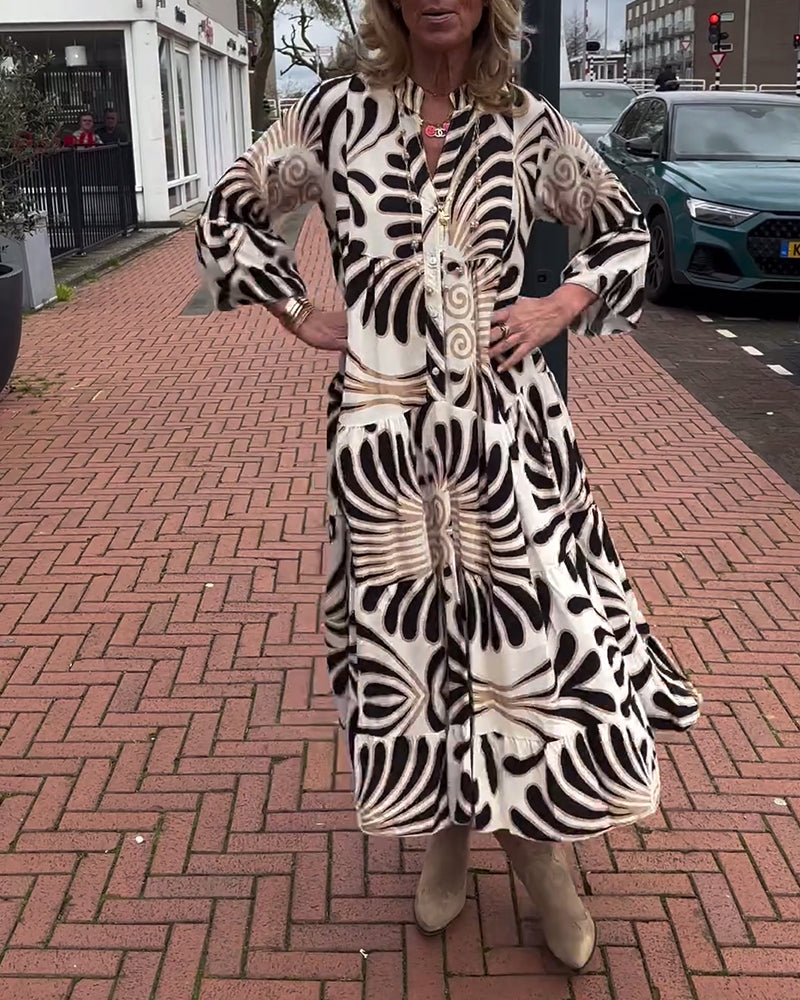 Printed  V neck Flare Sleeve  dress