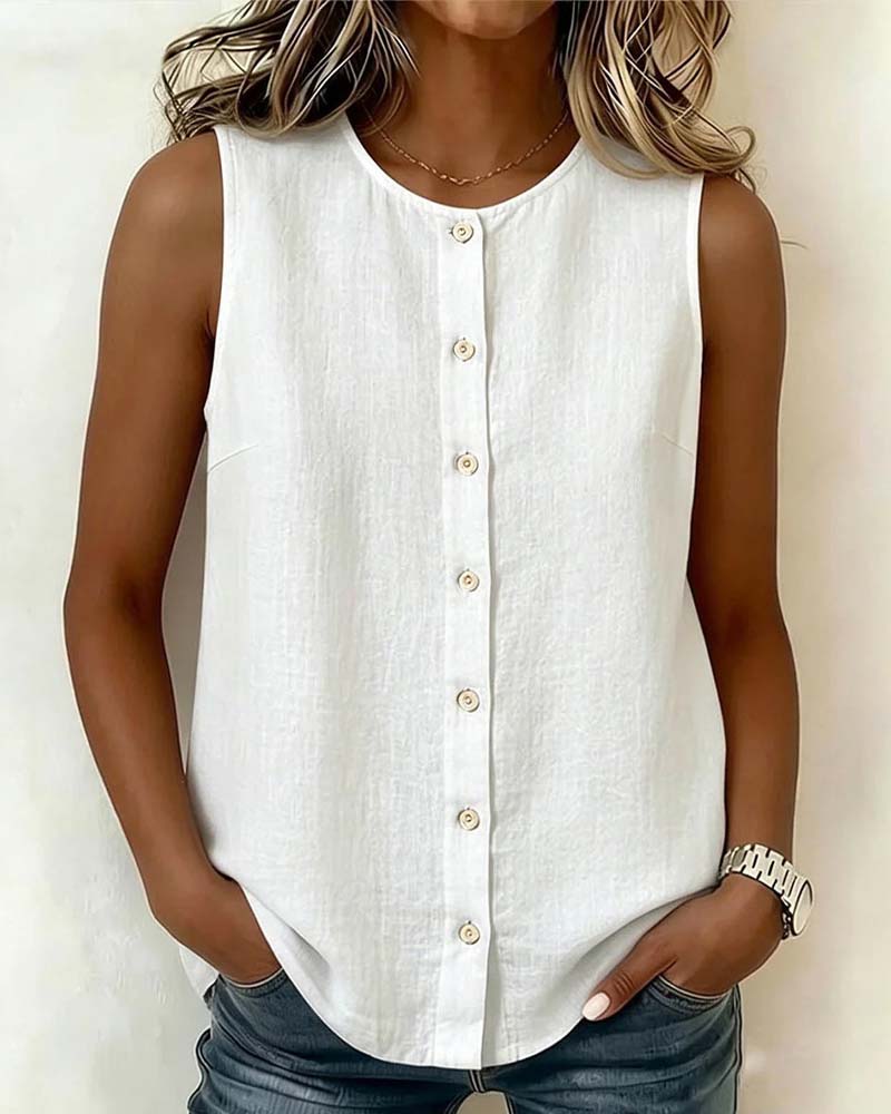 Round Neck Single-Breasted Sleeveless Blouse