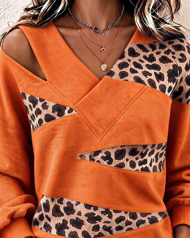 Leopard Patchwork V-Neck Pullover Sweatshirt