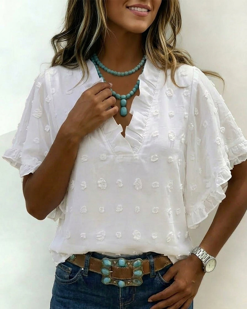 Jacquard V-Neck Ruffle Blouse