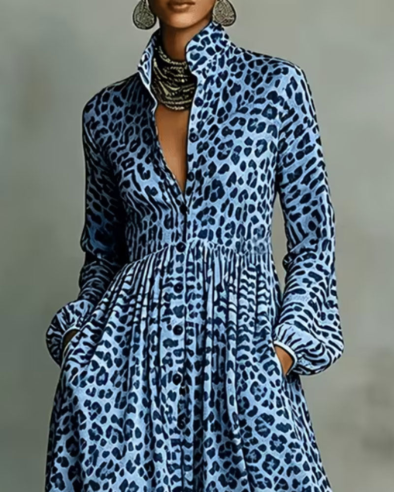 Leopard Lapel Long Shirt Dress