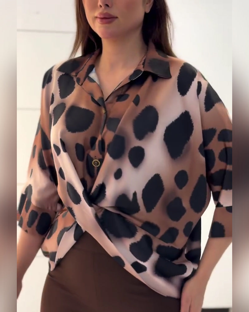 Twist Lapel Leopard Print Blouse