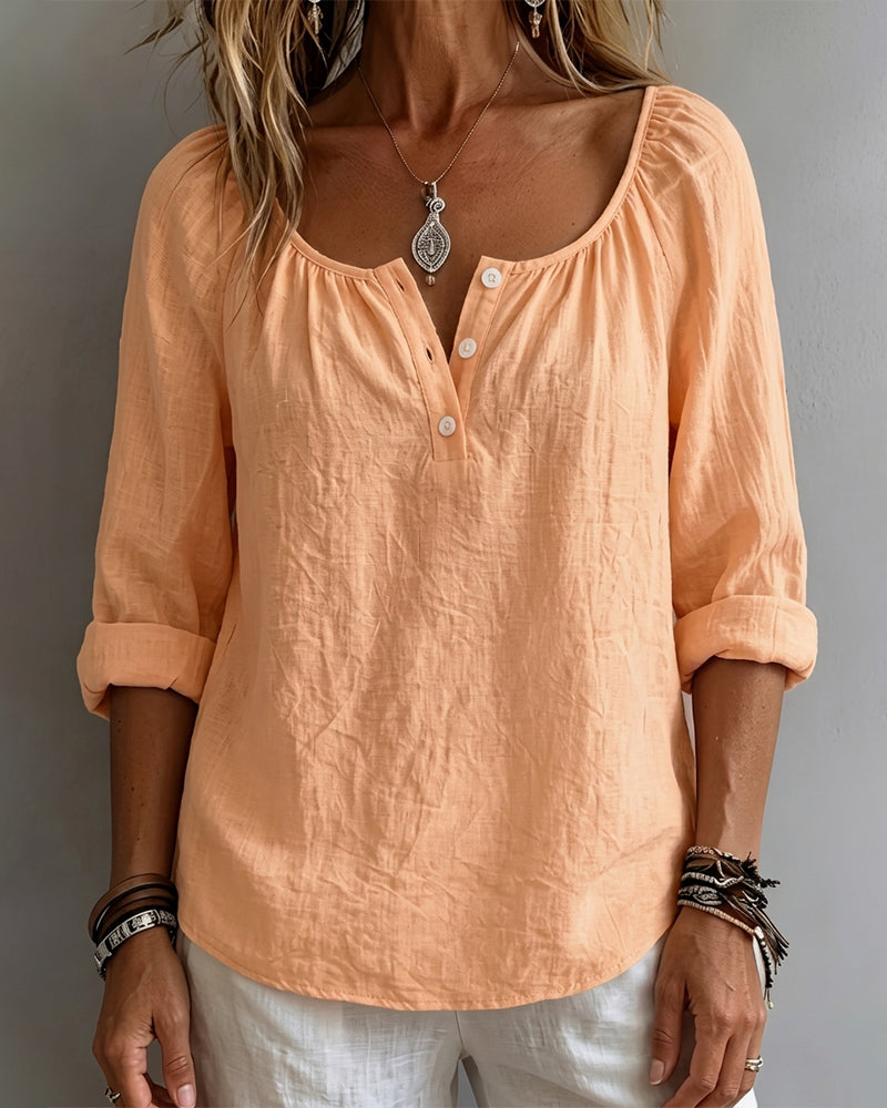 Solid-Color Half-Button Blouse
