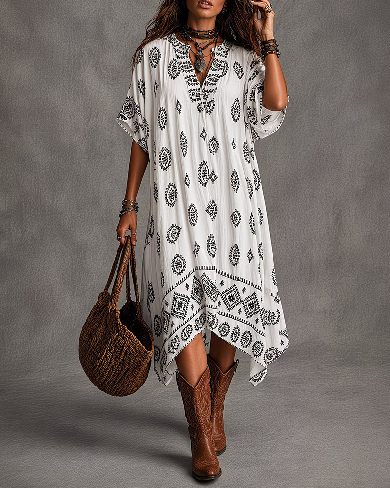 V-Neck Printed Short-Sleeved Dress