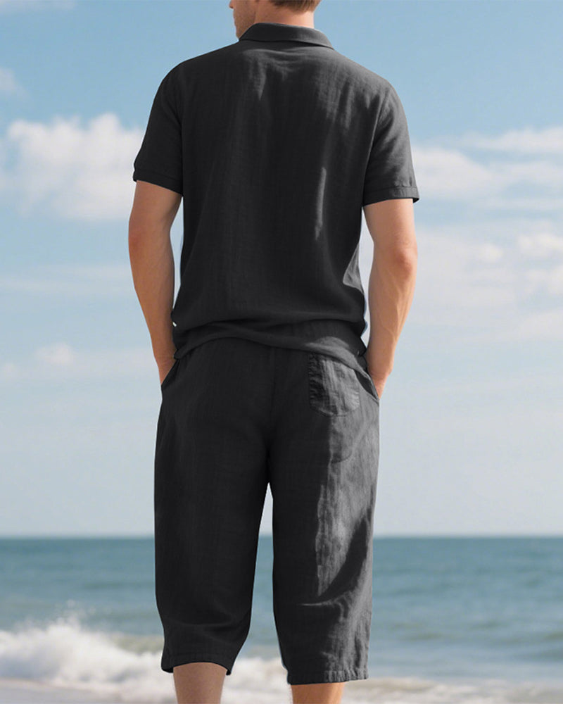 Men's Casual Polo Shirt and Cropped Pants Set