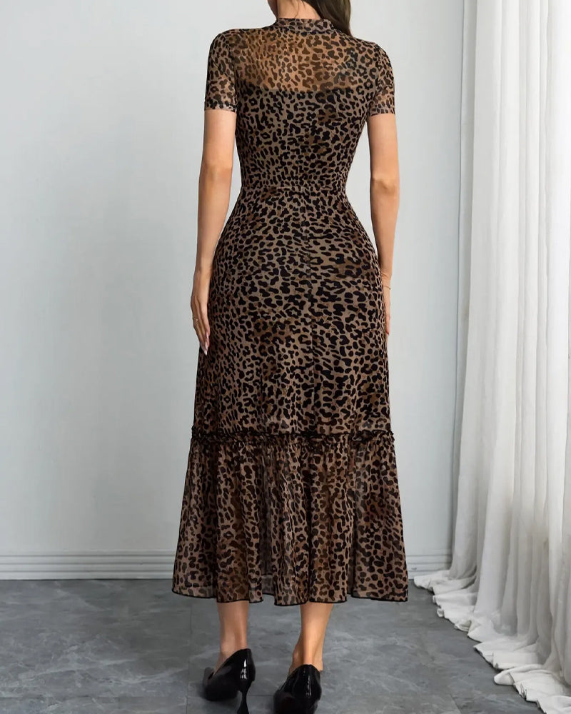 Leopard Mock Neck Mesh Midi Dress