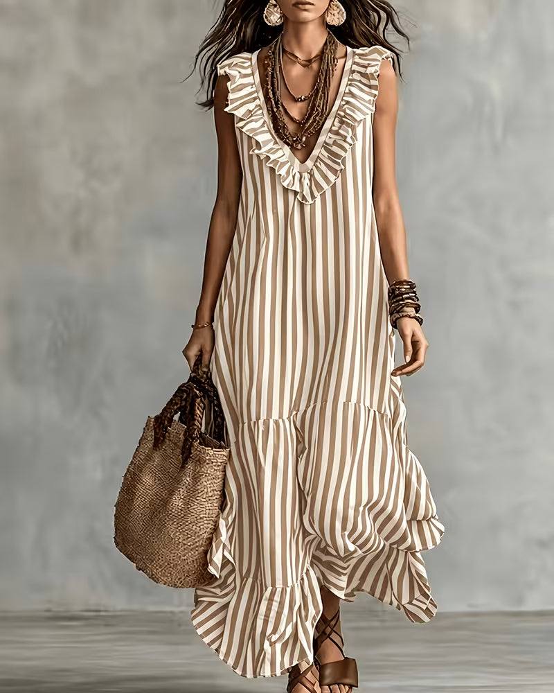 Striped Ruffle V-Neck Sleeveless Dress