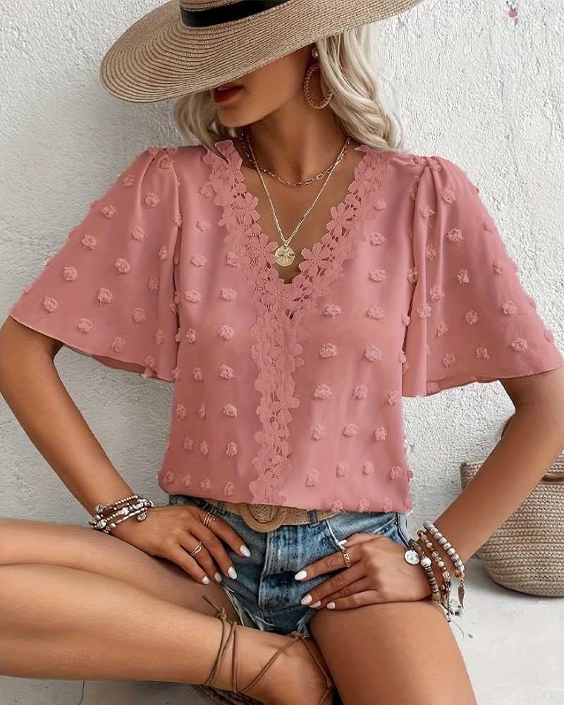 Spliced Jacquard Ruffle Sleeve Blouse