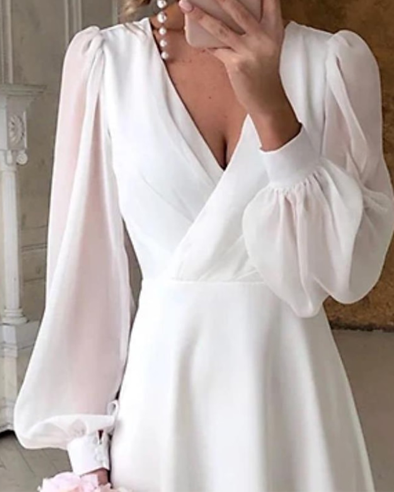 Elegant Puff-Sleeved V-Neck Dress