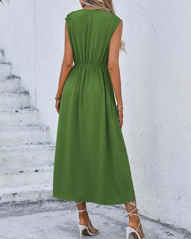 Solid Color Cinched Waist Tie Dress