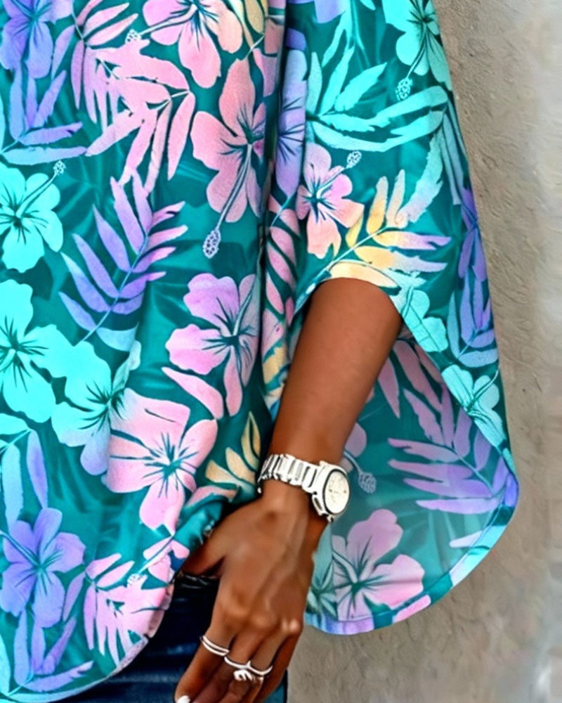 Off-The-Shoulder Batwing Sleeve Printed Blouse