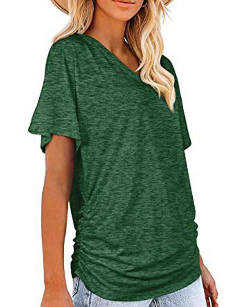 Pleated Solid Color V-Neck T-Shirt