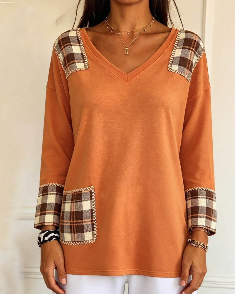 Plaid Patchwork V-Neck Casual Top