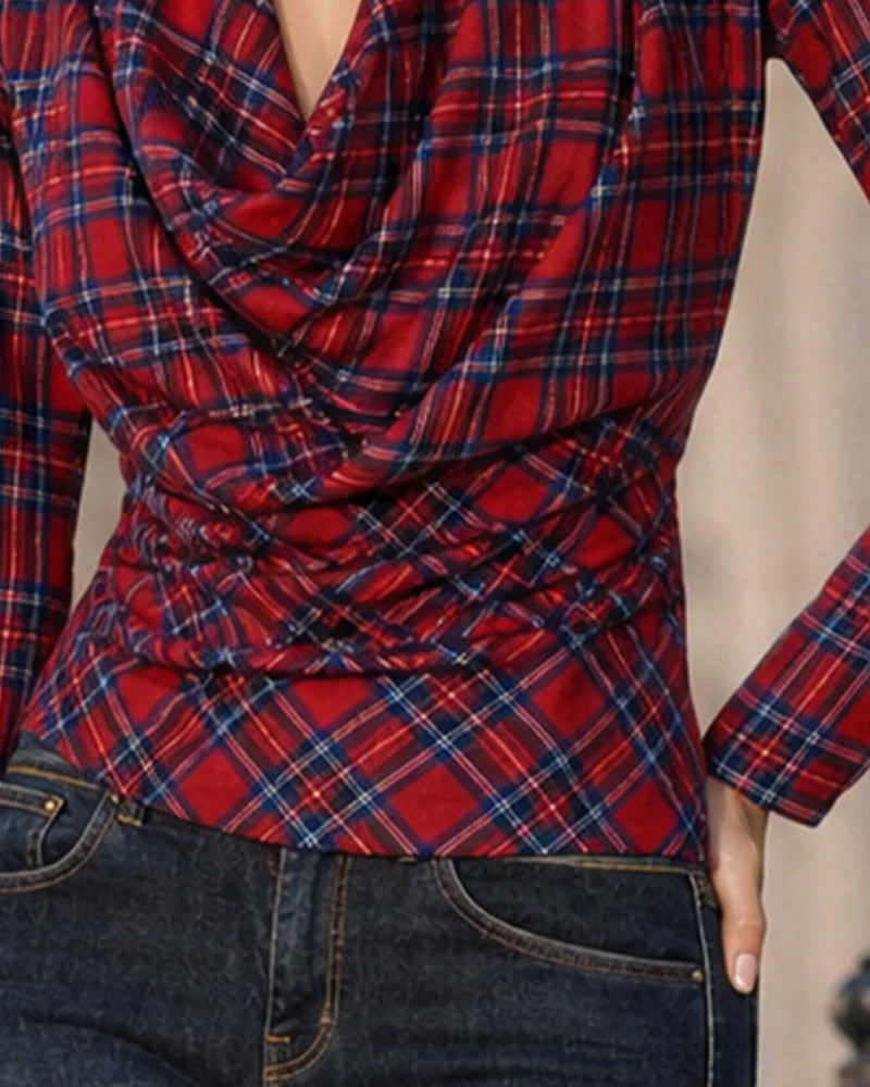 Mock Neck Plaid Top