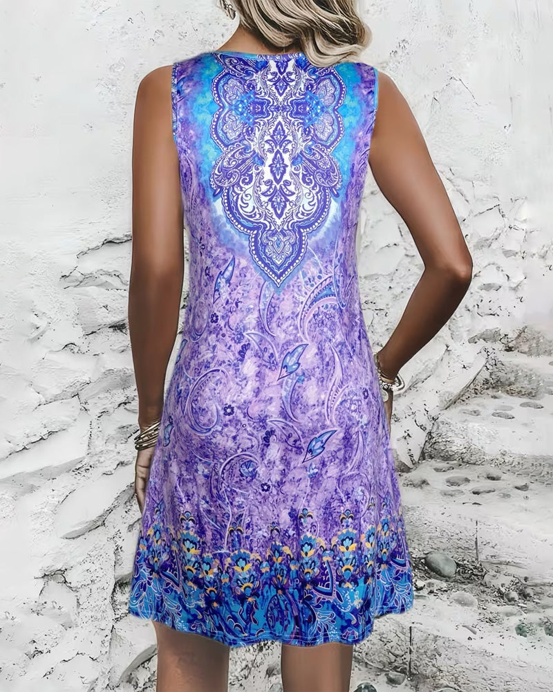 Positioned Cashew Print Sleeveless Dress