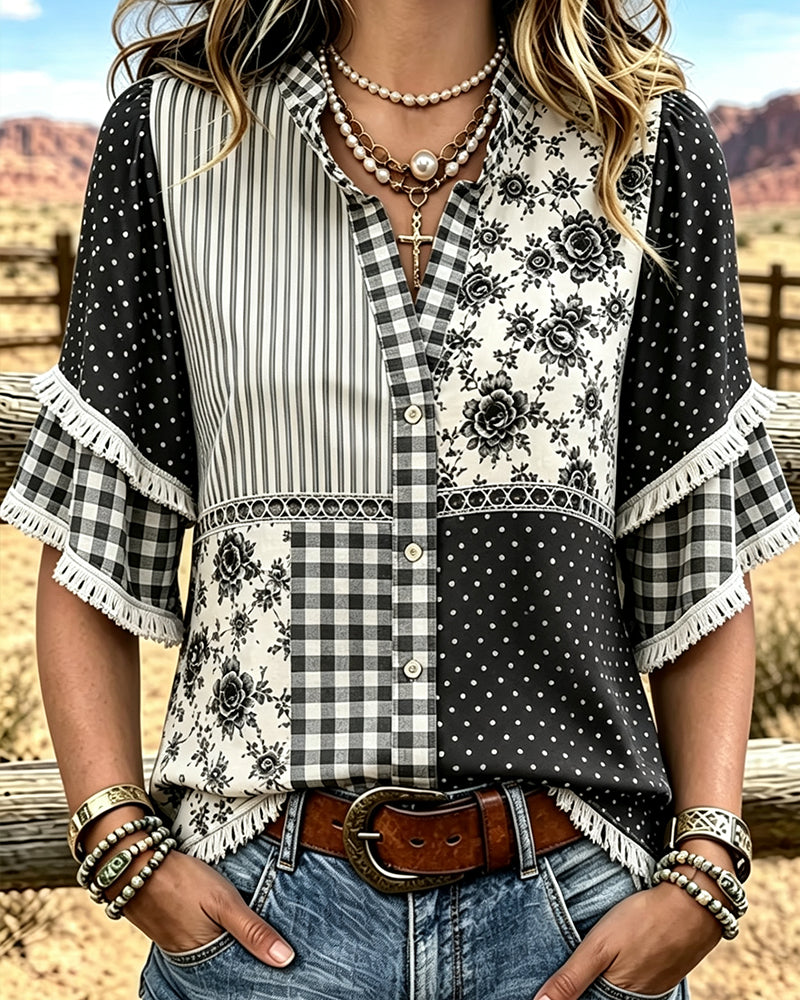Mandarin Collar Polka Dot Plaid Blouse