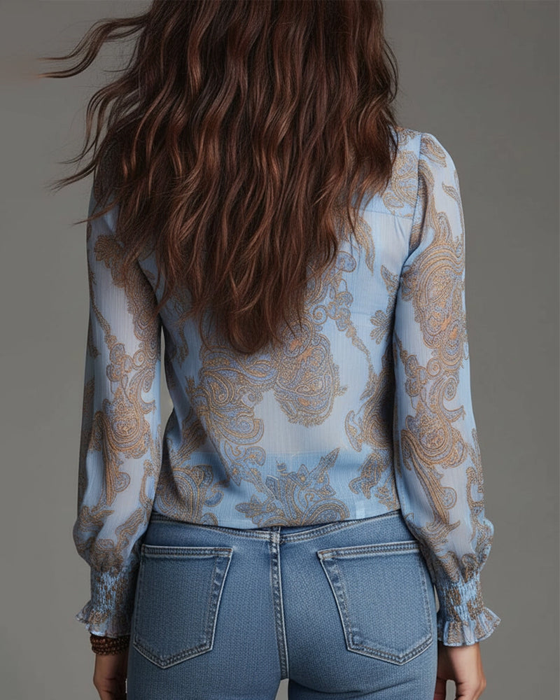 Half-Zip Ruffle Retro Blouse