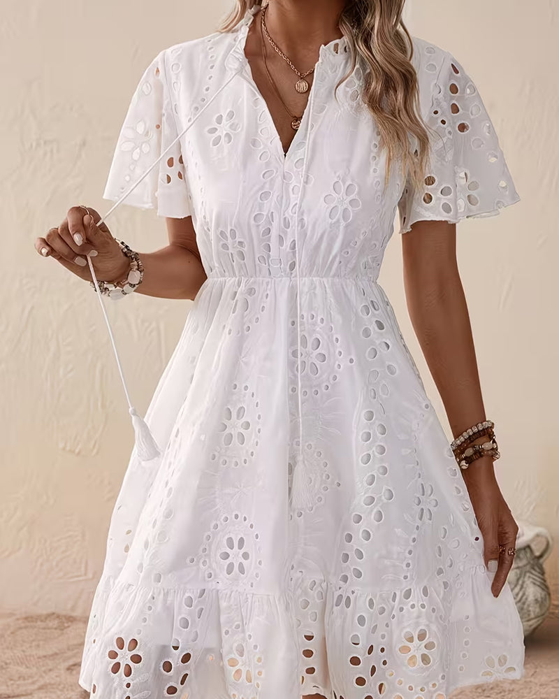 V-Neck Cutout Drawstring Waist-Cinching Dress