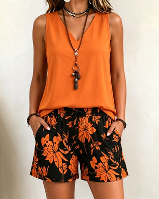 V-Neck Sleeveless Top and Print Shorts Sets