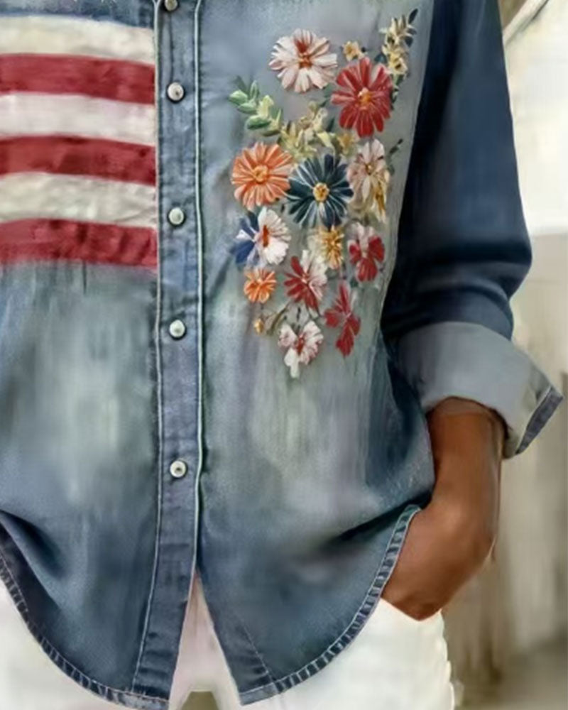 Turn-down Collar Print Embroidery Shirt