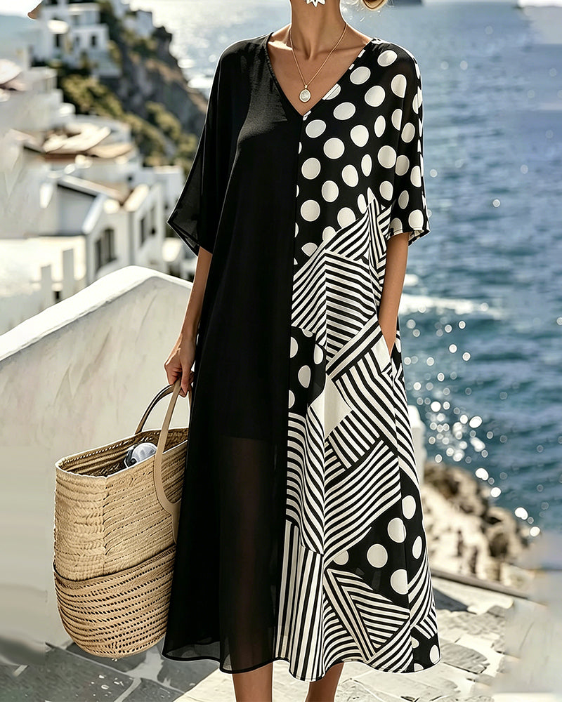 V-Neck Polka Dot Stripe Patchwork Dress