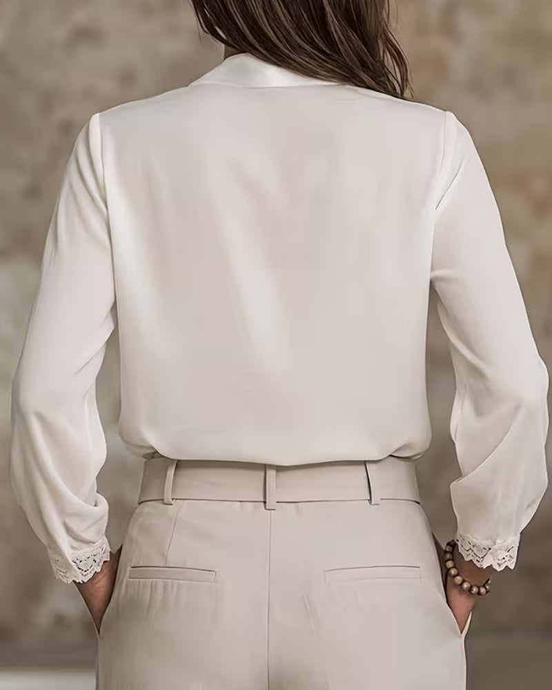 Solid Color Pile Collar Lace Long Sleeve Blouse