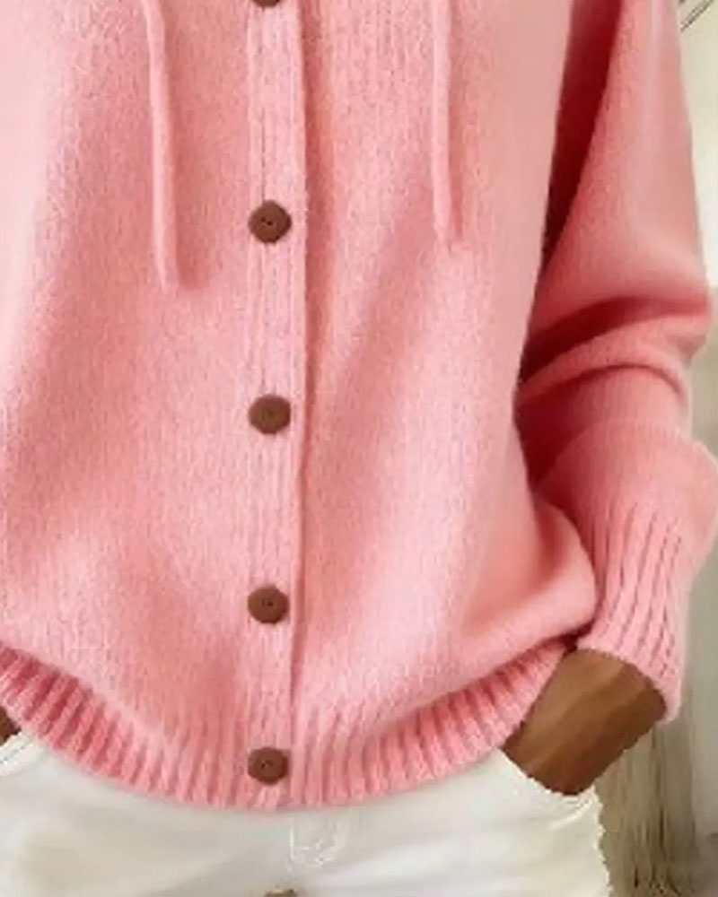 Solid Color Hooded Button-Down Cardigan