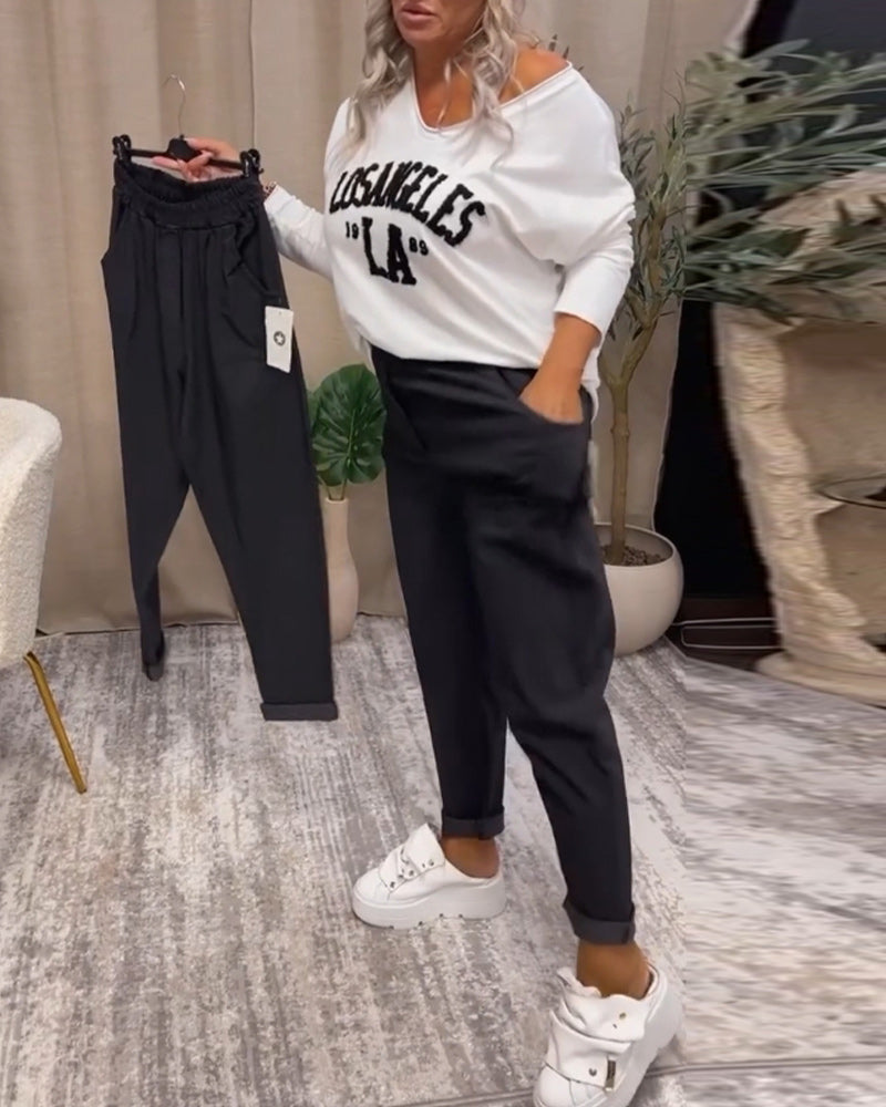 Letter print v-neck casual sweatshirt