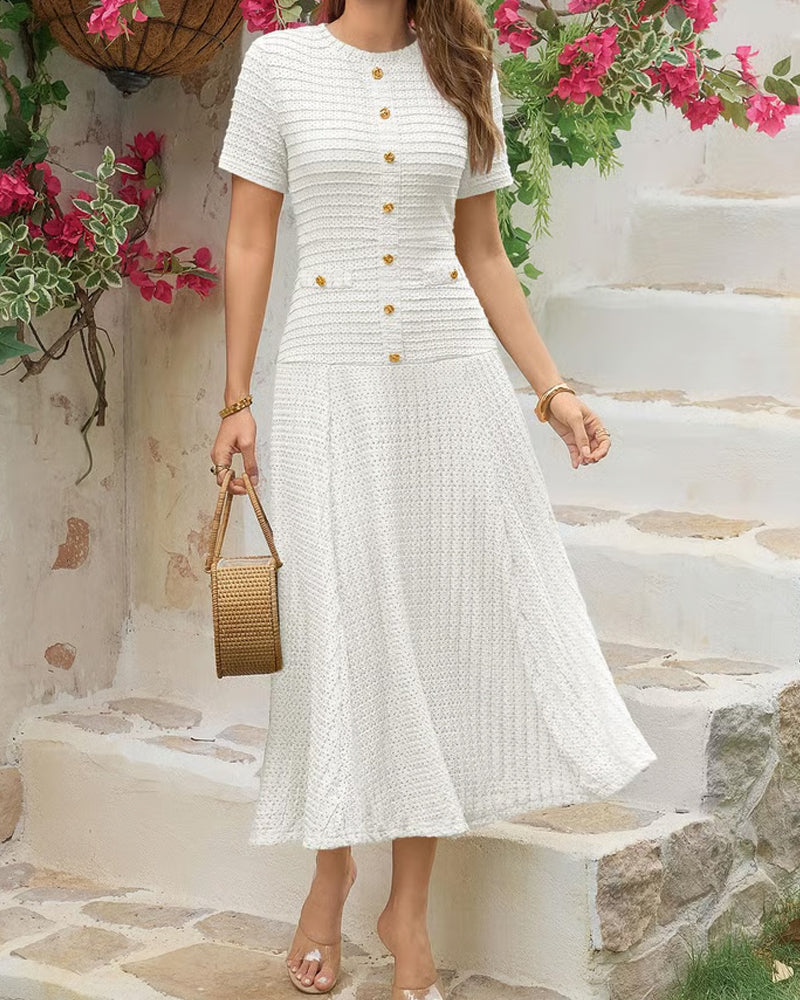 Crew Neck Slim Fit Button Patchwork Dress