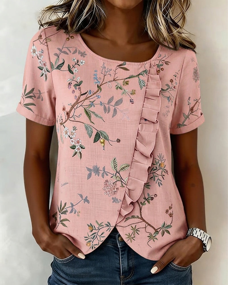 Crewneck Short Sleeve Ruffle Floral Blouse