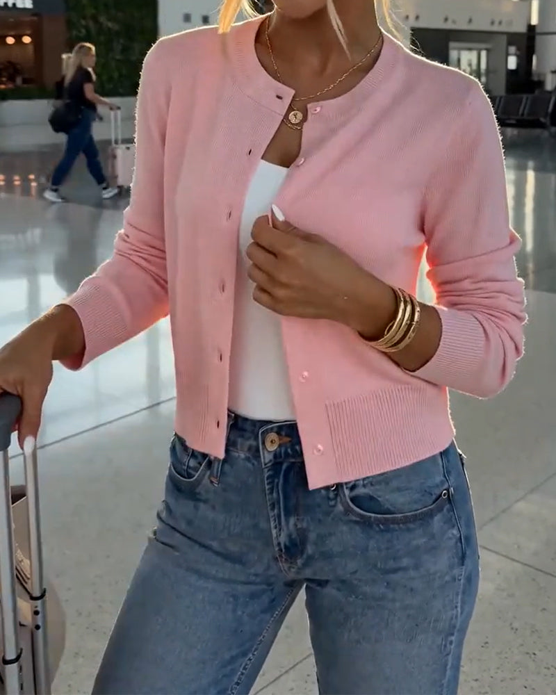 Solid Color Crew Neck Buckle Cardigan